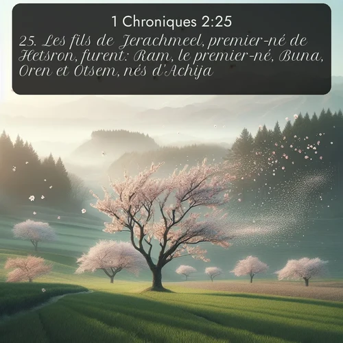 Segond 1 Chroniques  ; image nature: image avec le verset biblique :Les fils de Jerachmeel, premier-né de Hetsron, furent: Ram, le premier-né, Buna, Oren et Otsem, nés d&#039;Achija. ;  ; 2:25
