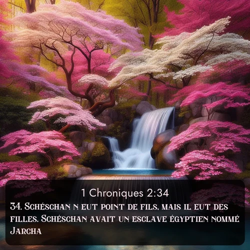 Segond 1 Chroniques  ; image nature: image avec le verset biblique :Schéschan n&#039;eut point de fils, mais il eut des filles. Schéschan avait un esclave égyptien nommé Jarcha. ;  ; 2:34