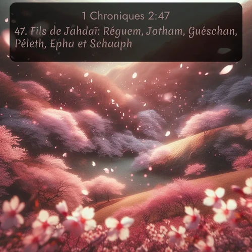 Segond 1 Chroniques  ; image nature: image avec le verset biblique :Fils de Jahdaï: Réguem, Jotham, Guéschan, Péleth, Epha et Schaaph. ;  ; 2:47