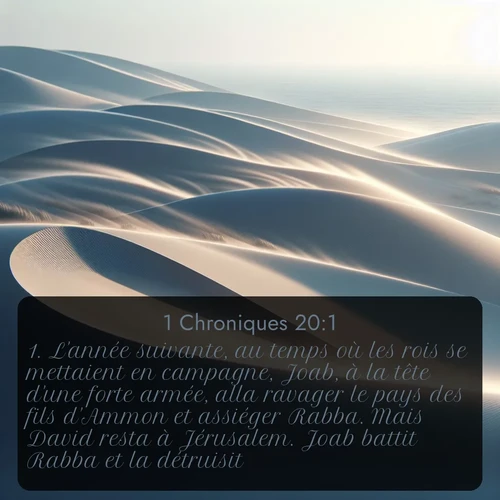 Segond 1 Chroniques  ; image nature: image avec le verset biblique :L&#039;année suivante, au temps où les rois se mettaient en campagne, Joab, à la tête d&#039;une forte armée, alla ravager le pays des fils d&#039;Ammon et assiéger Rabba. Mais David resta à Jérusalem. Joab battit Rabba et la détruisit. ;  ; 20:1