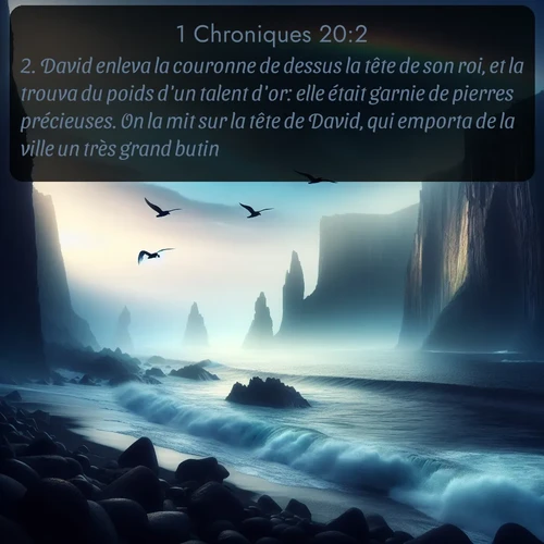 Segond 1 Chroniques  ; image nature: image avec le verset biblique :David enleva la couronne de dessus la tête de son roi, et la trouva du poids d&#039;un talent d&#039;or: elle était garnie de pierres précieuses. On la mit sur la tête de David, qui emporta de la ville un très grand butin. ;  ; 20:2