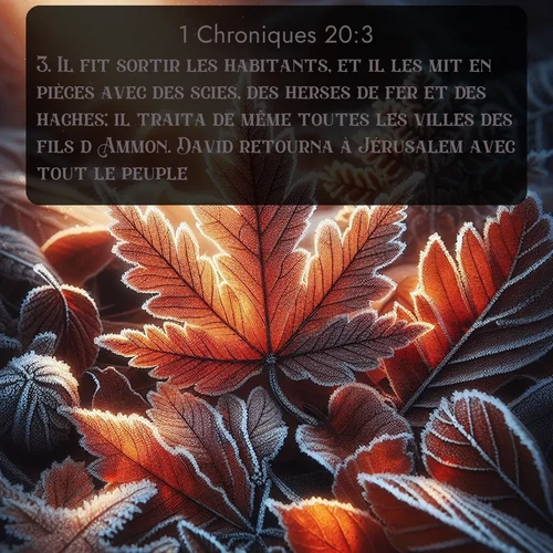 Segond 1 Chroniques  ; image nature: image avec le verset biblique :Il fit sortir les habitants, et il les mit en pièces avec des scies, des herses de fer et des haches; il traita de même toutes les villes des fils d&#039;Ammon. David retourna à Jérusalem avec tout le peuple. ;  ; 20:3