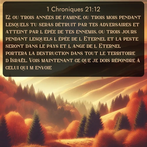 Segond 1 Chroniques  ; image nature: image avec le verset biblique :ou trois années de famine, ou trois mois pendant lesquels tu seras détruit par tes adversaires et atteint par l&#039;épée de tes ennemis, ou trois jours pendant lesquels l&#039;épée de l&#039;Eternel et la peste seront dans le pays et l&#039;ange de l&#039;Eternel portera la destruction dans tout le territoire d&#039;Israël. Vois maintenant ce que je dois répondre à celui qui m&#039;envoie. ;  ; 21:12