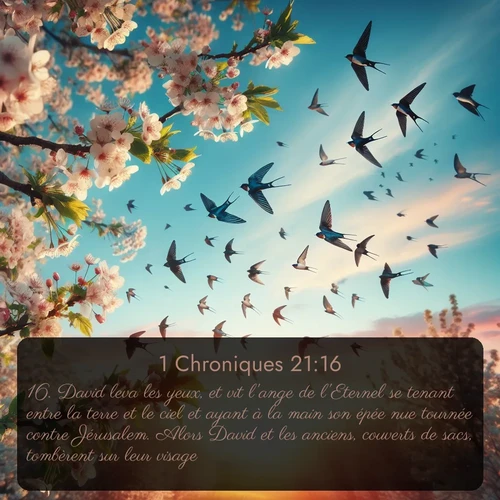 Segond 1 Chroniques  ; image nature: image avec le verset biblique :David leva les yeux, et vit l&#039;ange de l&#039;Eternel se tenant entre la terre et le ciel et ayant à la main son épée nue tournée contre Jérusalem. Alors David et les anciens, couverts de sacs, tombèrent sur leur visage. ;  ; 21:16