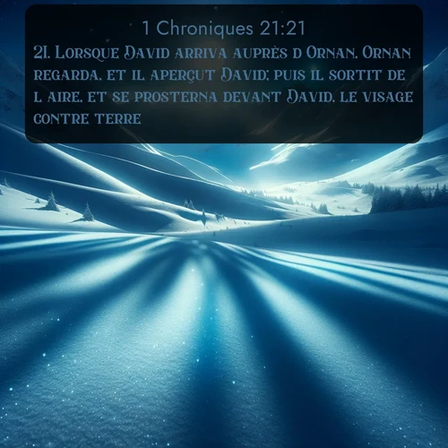 Segond 1 Chroniques  ; image nature: image avec le verset biblique :Lorsque David arriva auprès d&#039;Ornan, Ornan regarda, et il aperçut David; puis il sortit de l&#039;aire, et se prosterna devant David, le visage contre terre. ;  ; 21:21