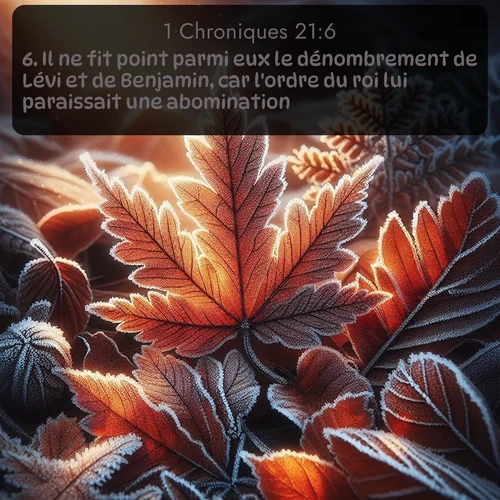 Segond 1 Chroniques  ; image nature: image avec le verset biblique :Il ne fit point parmi eux le dénombrement de Lévi et de Benjamin, car l&#039;ordre du roi lui paraissait une abomination. ;  ; 21:6