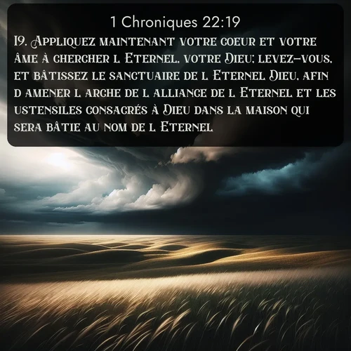Segond 1 Chroniques  ; image nature: image avec le verset biblique :Appliquez maintenant votre coeur et votre âme à chercher l&#039;Eternel, votre Dieu; levez-vous, et bâtissez le sanctuaire de l&#039;Eternel Dieu, afin d&#039;amener l&#039;arche de l&#039;alliance de l&#039;Eternel et les ustensiles consacrés à Dieu dans la maison qui sera bâtie au nom de l&#039;Eternel. ;  ; 22:19