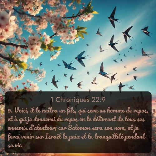Segond 1 Chroniques  ; image nature: image avec le verset biblique :Voici, il te naîtra un fils, qui sera un homme de repos, et à qui je donnerai du repos en le délivrant de tous ses ennemis d&#039;alentour; car Salomon sera son nom, et je ferai venir sur Israël la paix et la tranquillité pendant sa vie. ;  ; 22:9