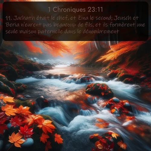 Segond 1 Chroniques  ; image nature: image avec le verset biblique :Jachath était le chef, et Zina le second; Jeusch et Beria n&#039;eurent pas beaucoup de fils, et ils formèrent une seule maison paternelle dans le dénombrement. ;  ; 23:11