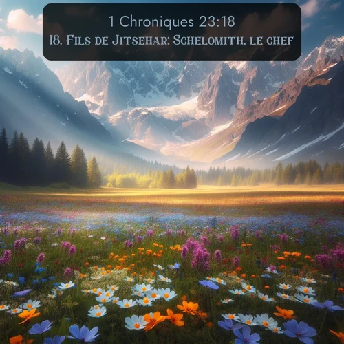 Segond 1 Chroniques  ; image nature: image avec le verset biblique :Fils de Jitsehar: Schelomith, le chef. - ;  ; 23:18