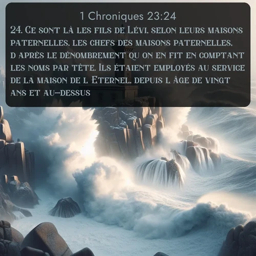 Segond 1 Chroniques  ; image nature: image avec le verset biblique :Ce sont là les fils de Lévi, selon leurs maisons paternelles, les chefs des maisons paternelles, d&#039;après le dénombrement qu&#039;on en fit en comptant les noms par tête. Ils étaient employés au service de la maison de l&#039;Eternel, depuis l&#039;âge de vingt ans et au-dessus. ;  ; 23:24