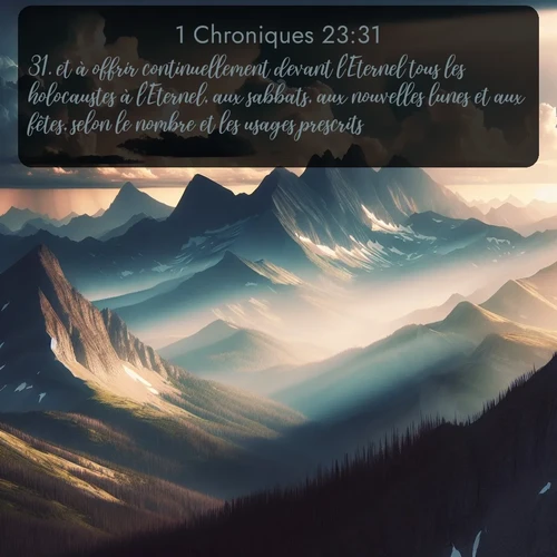 Segond 1 Chroniques  ; image nature: image avec le verset biblique :et à offrir continuellement devant l&#039;Eternel tous les holocaustes à l&#039;Eternel, aux sabbats, aux nouvelles lunes et aux fêtes, selon le nombre et les usages prescrits. ;  ; 23:31
