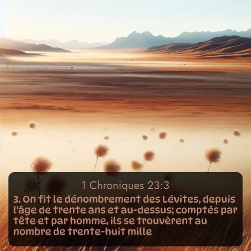 Segond 1 Chroniques  ; image nature: image avec le verset biblique :On fit le dénombrement des Lévites, depuis l&#039;âge de trente ans et au-dessus; comptés par tête et par homme, ils se trouvèrent au nombre de trente-huit mille. ;  ; 23:3