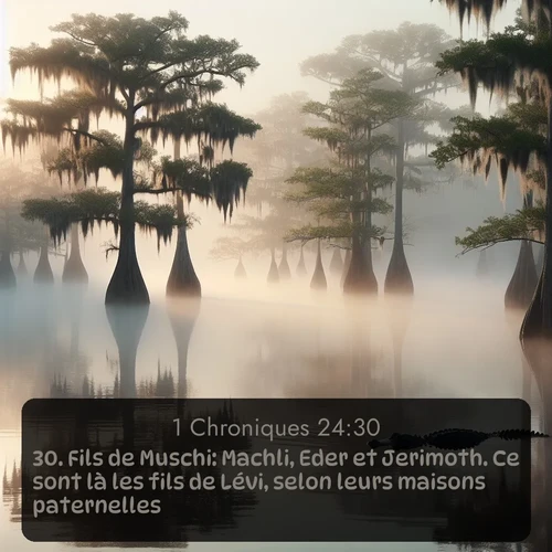 Segond 1 Chroniques  ; image nature: image avec le verset biblique :Fils de Muschi: Machli, Eder et Jerimoth. Ce sont là les fils de Lévi, selon leurs maisons paternelles. ;  ; 24:30