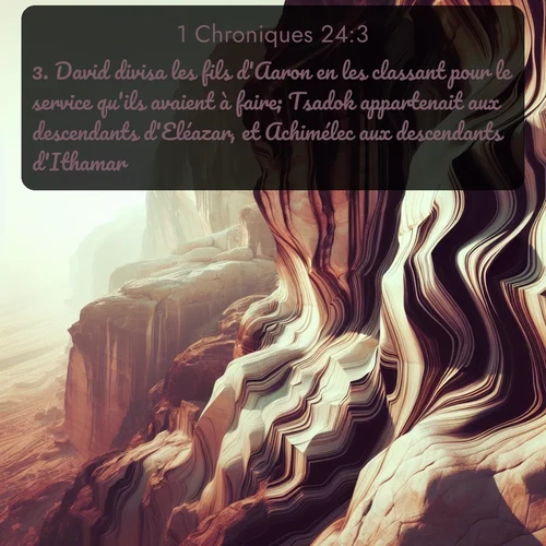 Segond 1 Chroniques  ; image nature: image avec le verset biblique :David divisa les fils d&#039;Aaron en les classant pour le service qu&#039;ils avaient à faire; Tsadok appartenait aux descendants d&#039;Eléazar, et Achimélec aux descendants d&#039;Ithamar. ;  ; 24:3