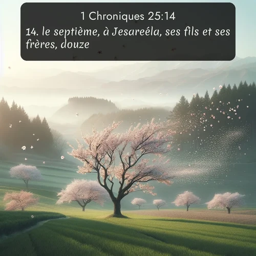 Segond 1 Chroniques  ; image nature: image avec le verset biblique :le septième, à Jesareéla, ses fils et ses frères, douze; ;  ; 25:14