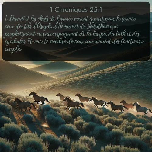 Segond 1 Chroniques  ; image nature: image avec le verset biblique :David et les chefs de l&#039;armée mirent à part pour le service ceux des fils d&#039;Asaph, d&#039;Héman et de Jeduthun qui prophétisaient en s&#039;accompagnant de la harpe, du luth et des cymbales. Et voici le nombre de ceux qui avaient des fonctions à remplir. ;  ; 25:1