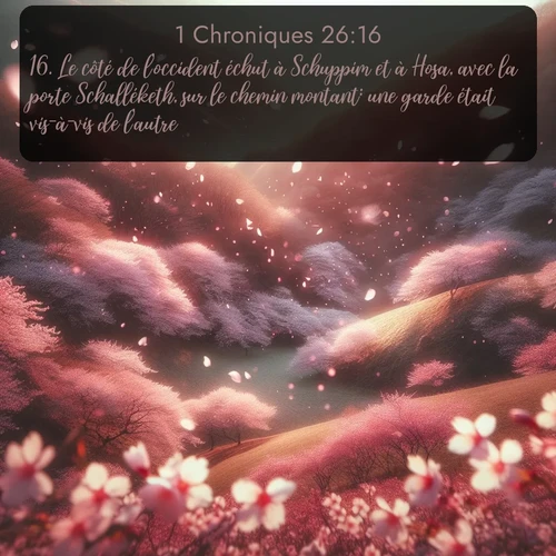 Segond 1 Chroniques  ; image nature: image avec le verset biblique :Le côté de l&#039;occident échut à Schuppim et à Hosa, avec la porte Schalléketh, sur le chemin montant: une garde était vis-à-vis de l&#039;autre. ;  ; 26:16