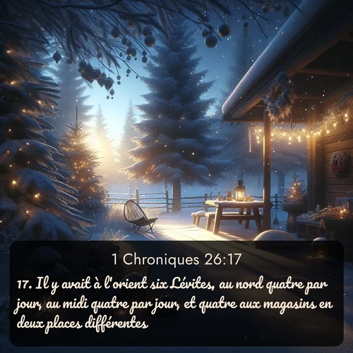 Segond 1 Chroniques  ; image nature: image avec le verset biblique :Il y avait à l&#039;orient six Lévites, au nord quatre par jour, au midi quatre par jour, et quatre aux magasins en deux places différentes; ;  ; 26:17