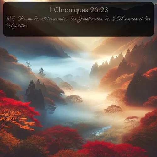 Segond 1 Chroniques  ; image nature: image avec le verset biblique :Parmi les Amramites, les Jitseharites, les Hébronites et les Uziélites, ;  ; 26:23