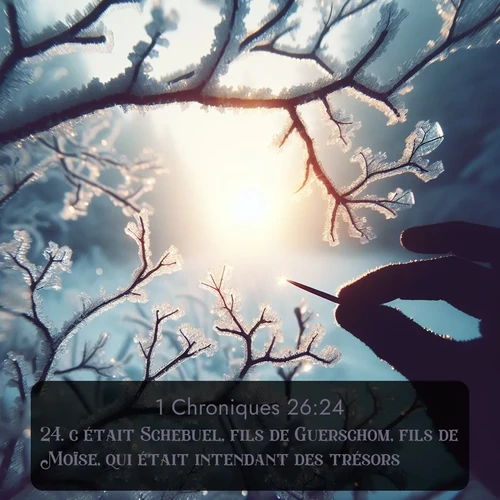 Segond 1 Chroniques  ; image nature: image avec le verset biblique :c&#039;était Schebuel, fils de Guerschom, fils de Moïse, qui était intendant des trésors. ;  ; 26:24