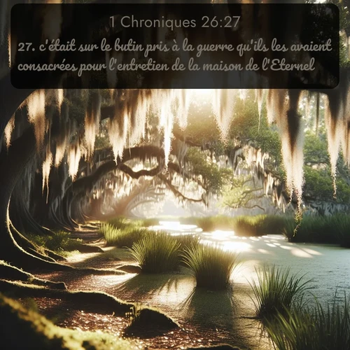 Segond 1 Chroniques  ; image nature: image avec le verset biblique :c&#039;était sur le butin pris à la guerre qu&#039;ils les avaient consacrées pour l&#039;entretien de la maison de l&#039;Eternel. ;  ; 26:27