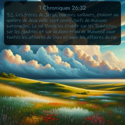 Segond 1 Chroniques  ; image nature: image avec le verset biblique :Les frères de Jerija, hommes vaillants, étaient au nombre de deux mille sept cents chefs de maisons paternelles. Le roi David les établit sur les Rubénites, sur les Gadites et sur la demi-tribu de Manassé pour toutes les affaires de Dieu et pour les affaires du roi. ;  ; 26:32