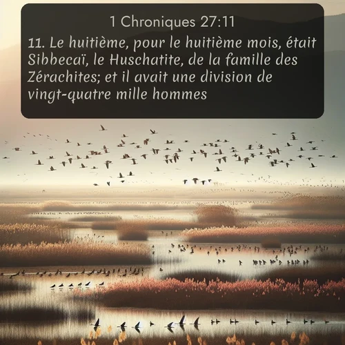 Segond 1 Chroniques  ; image nature: image avec le verset biblique :Le huitième, pour le huitième mois, était Sibbecaï, le Huschatite, de la famille des Zérachites; et il avait une division de vingt-quatre mille hommes. ;  ; 27:11