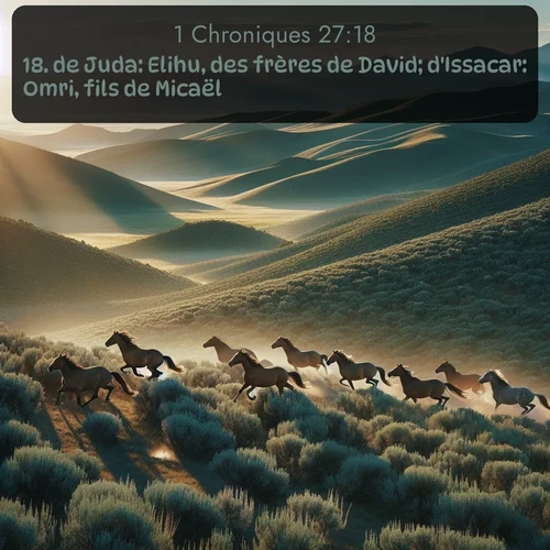 Segond 1 Chroniques  ; image nature: image avec le verset biblique :de Juda: Elihu, des frères de David; d&#039;Issacar: Omri, fils de Micaël; ;  ; 27:18