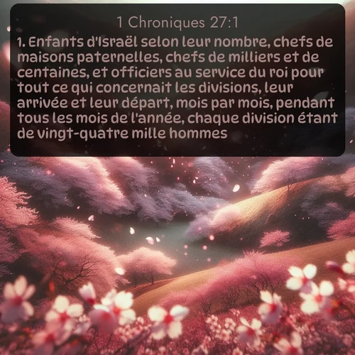 Segond 1 Chroniques  ; image nature: image avec le verset biblique :Enfants d&#039;Israël selon leur nombre, chefs de maisons paternelles, chefs de milliers et de centaines, et officiers au service du roi pour tout ce qui concernait les divisions, leur arrivée et leur départ, mois par mois, pendant tous les mois de l&#039;année, chaque division étant de vingt-quatre mille hommes. ;  ; 27:1