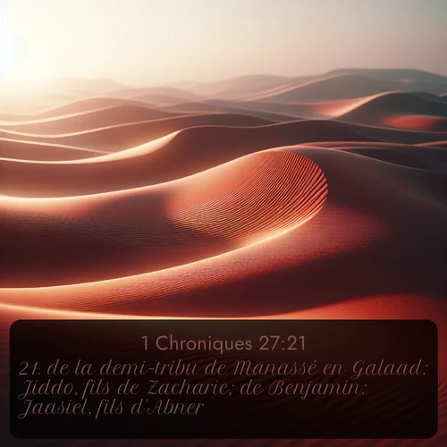Segond 1 Chroniques  ; image nature: image avec le verset biblique :de la demi-tribu de Manassé en Galaad: Jiddo, fils de Zacharie; de Benjamin: Jaasiel, fils d&#039;Abner; ;  ; 27:21