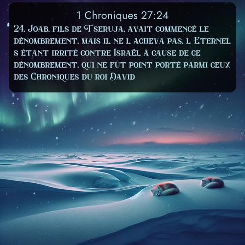 Segond 1 Chroniques  ; image nature: image avec le verset biblique :Joab, fils de Tseruja, avait commencé le dénombrement, mais il ne l&#039;acheva pas, l&#039;Eternel s&#039;étant irrité contre Israël à cause de ce dénombrement, qui ne fut point porté parmi ceux des Chroniques du roi David. ;  ; 27:24