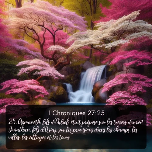 Segond 1 Chroniques  ; image nature: image avec le verset biblique :Azmaveth, fils d&#039;Adiel, était préposé sur les trésors du roi; Jonathan, fils d&#039;Ozias, sur les provisions dans les champs, les villes, les villages et les tours; ;  ; 27:25