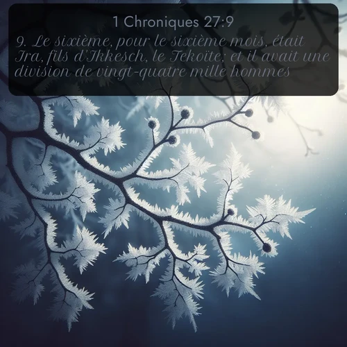 Segond 1 Chroniques  ; image nature: image avec le verset biblique :Le sixième, pour le sixième mois, était Ira, fils d&#039;Ikkesch, le Tekoïte; et il avait une division de vingt-quatre mille hommes. ;  ; 27:9
