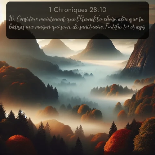 Segond 1 Chroniques  ; image nature: image avec le verset biblique :Considère maintenant que l&#039;Eternel t&#039;a choisi, afin que tu bâtisses une maison qui serve de sanctuaire. Fortifie-toi et agis. ;  ; 28:10