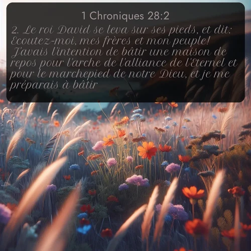 Segond 1 Chroniques  ; image nature: image avec le verset biblique :Le roi David se leva sur ses pieds, et dit: Ecoutez-moi, mes frères et mon peuple! J&#039;avais l&#039;intention de bâtir une maison de repos pour l&#039;arche de l&#039;alliance de l&#039;Eternel et pour le marchepied de notre Dieu, et je me préparais à bâtir. ;  ; 28:2