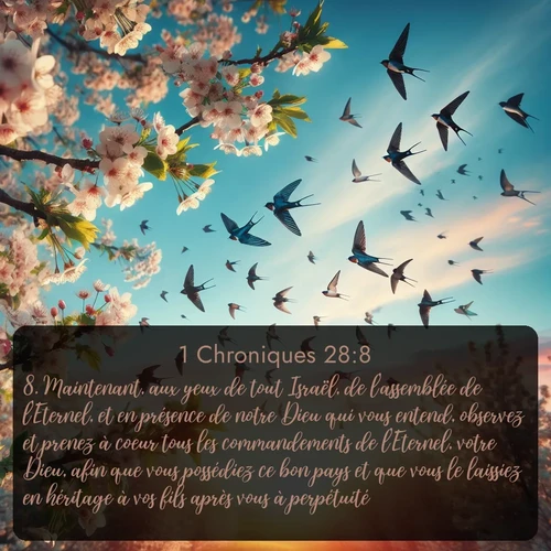 Segond 1 Chroniques  ; image nature: image avec le verset biblique :Maintenant, aux yeux de tout Israël, de l&#039;assemblée de l&#039;Eternel, et en présence de notre Dieu qui vous entend, observez et prenez à coeur tous les commandements de l&#039;Eternel, votre Dieu, afin que vous possédiez ce bon pays et que vous le laissiez en héritage à vos fils après vous à perpétuité. ;  ; 28:8