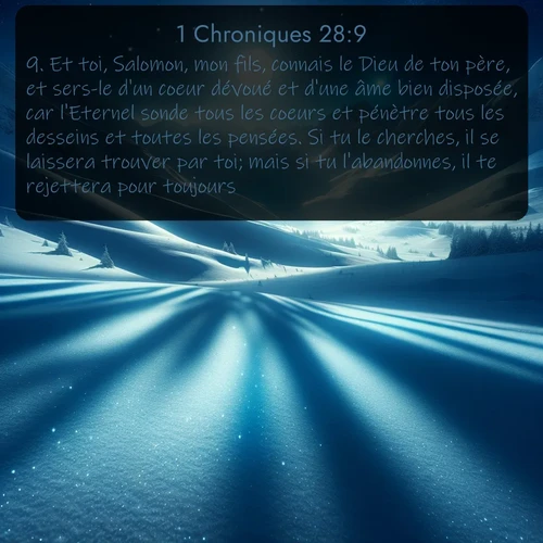 Segond 1 Chroniques  ; image nature: image avec le verset biblique :Et toi, Salomon, mon fils, connais le Dieu de ton père, et sers-le d&#039;un coeur dévoué et d&#039;une âme bien disposée, car l&#039;Eternel sonde tous les coeurs et pénètre tous les desseins et toutes les pensées. Si tu le cherches, il se laissera trouver par toi; mais si tu l&#039;abandonnes, il te rejettera pour toujours. ;  ; 28:9