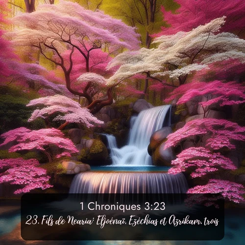 Segond 1 Chroniques  ; image nature: image avec le verset biblique :Fils de Nearia: Eljoénaï, Ezéchias et Azrikam, trois. ;  ; 3:23