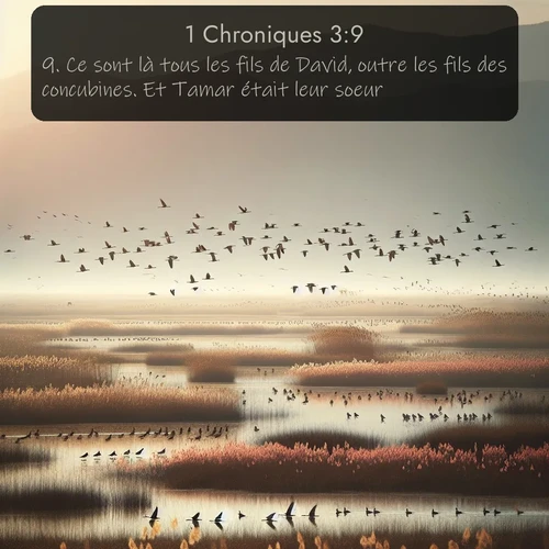 Segond 1 Chroniques  ; image nature: image avec le verset biblique :Ce sont là tous les fils de David, outre les fils des concubines. Et Tamar était leur soeur. ;  ; 3:9