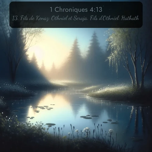 Segond 1 Chroniques  ; image nature: image avec le verset biblique :Fils de Kenaz: Othniel et Seraja. Fils d&#039;Othniel: Hathath. ;  ; 4:13