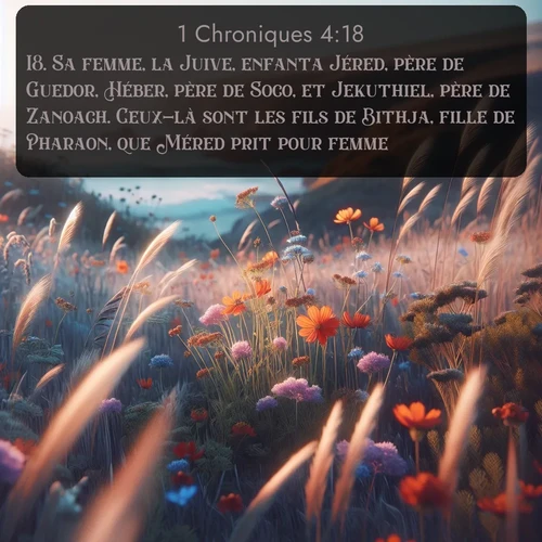 Segond 1 Chroniques  ; image nature: image avec le verset biblique :Sa femme, la Juive, enfanta Jéred, père de Guedor, Héber, père de Soco, et Jekuthiel, père de Zanoach. Ceux-là sont les fils de Bithja, fille de Pharaon, que Méred prit pour femme. ;  ; 4:18