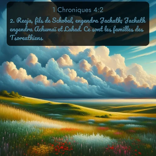 Segond 1 Chroniques  ; image nature: image avec le verset biblique :Reaja, fils de Schobal, engendra Jachath; Jachath engendra Achumaï et Lahad. Ce sont les familles des Tsoreathiens. ;  ; 4:2