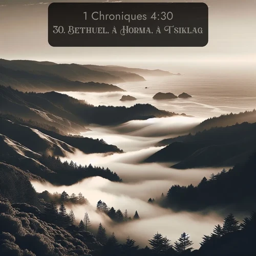 Segond 1 Chroniques  ; image nature: image avec le verset biblique :Bethuel, à Horma, à Tsiklag, ;  ; 4:30