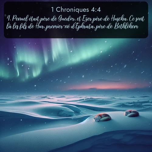Segond 1 Chroniques  ; image nature: image avec le verset biblique :Penuel était père de Guedor, et Ezer père de Huscha. Ce sont là les fils de Hur, premier-né d&#039;Ephrata, père de Bethléhem. ;  ; 4:4