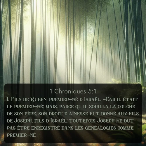 Segond 1 Chroniques  ; image nature: image avec le verset biblique :Fils de Ruben, premier-né d&#039;Israël. -Car il était le premier-né; mais, parce qu&#039;il souilla la couche de son père, son droit d&#039;aînesse fut donné aux fils de Joseph, fils d&#039;Israël; toutefois Joseph ne dut pas être enregistré dans les généalogies comme premier-né. ;  ; 5:1