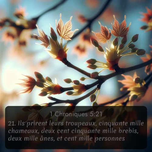 Segond 1 Chroniques  ; image nature: image avec le verset biblique :Ils prirent leurs troupeaux, cinquante mille chameaux, deux cent cinquante mille brebis, deux mille ânes, et cent mille personnes; ;  ; 5:21