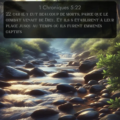 Segond 1 Chroniques  ; image nature: image avec le verset biblique :car il y eut beaucoup de morts, parce que le combat venait de Dieu. Et ils s&#039;établirent à leur place jusqu&#039;au temps où ils furent emmenés captifs. ;  ; 5:22