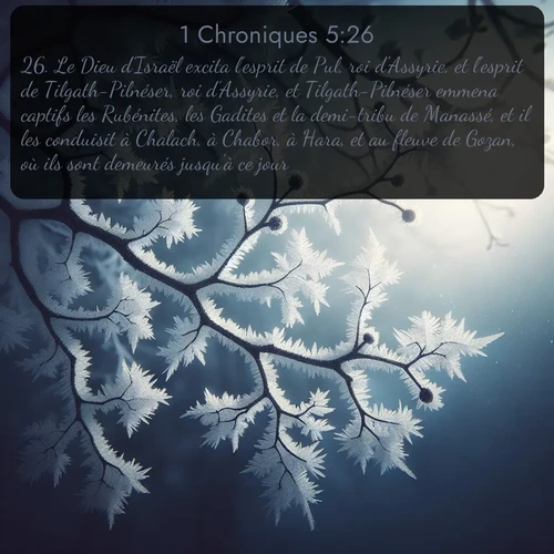 Segond 1 Chroniques  ; image nature: image avec le verset biblique :Le Dieu d&#039;Israël excita l&#039;esprit de Pul, roi d&#039;Assyrie, et l&#039;esprit de Tilgath-Pilnéser, roi d&#039;Assyrie, et Tilgath-Pilnéser emmena captifs les Rubénites, les Gadites et la demi-tribu de Manassé, et il les conduisit à Chalach, à Chabor, à Hara, et au fleuve de Gozan, où ils sont demeurés jusqu&#039;à ce jour. ;  ; 5:26