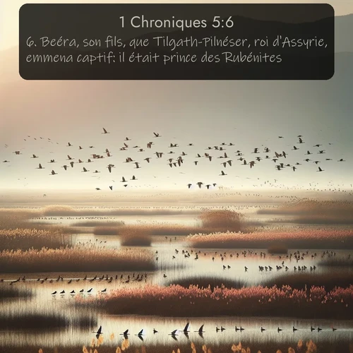 Segond 1 Chroniques  ; image nature: image avec le verset biblique :Beéra, son fils, que Tilgath-Pilnéser, roi d&#039;Assyrie, emmena captif: il était prince des Rubénites. ;  ; 5:6